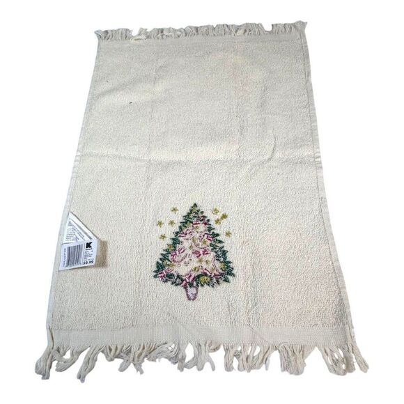 Vtg Kmart Embroidered Christmas Tree Hand Towel Cotton Bathroom Fringe Holiday - Picture 2 of 6